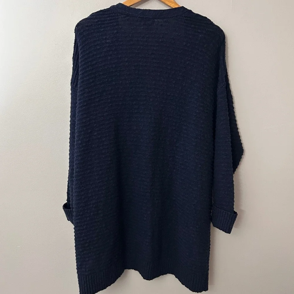 LL Bean Cardigan Sweater Womens 2X Navy Blue 100% Cotton Textured Open Front - Picture 2 of 6